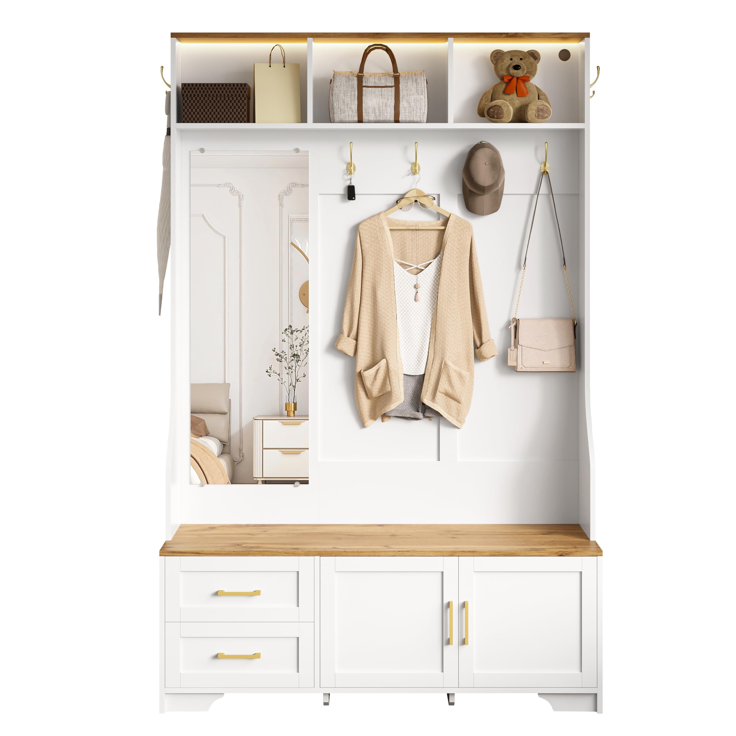 Scarpiera multifunzionale, 120 x 190 cm, specchio, ganci, cassetti, armadietto moderno con spazio di archiviazione, sedile, bianco + colore legno