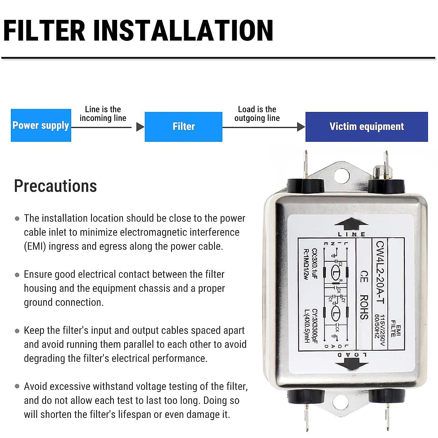 Fyearfly Filtre Emi de Ligne D’Alimentation, 115V/250V 20A 50/60Hz Cw4L2-20A-T Module de Filtre Emi avec Trou de Vis de Montage