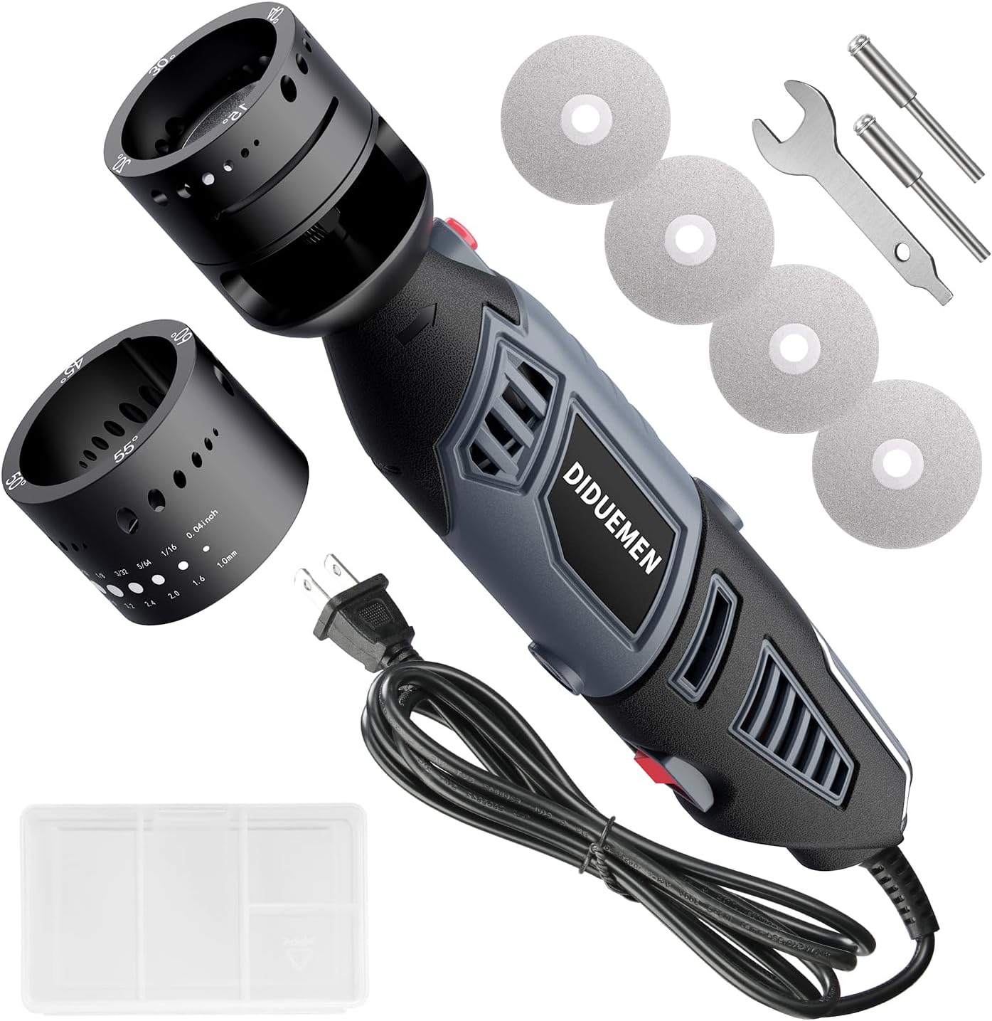 Dual-Head Tungsten Sharpener Grinder - 8 Angles & 6 Sizes for TIG Welding, Plug & Play Precision-Aligned Heads with Flat Grinding Block & Cut-Off Slot, 4 Diamond Wheels & 2 CNC Mandrels​