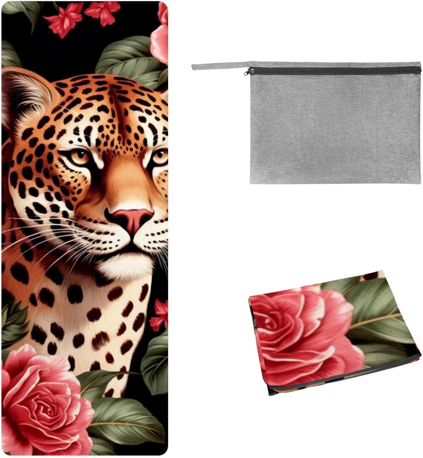 Yoga Towel, Leopard Rose Flower Non Slip Sweat Absorbent Hot Yoga Mat Towel for Hot Yoga, Pilates and Fitness - 72.8" x 26.8"