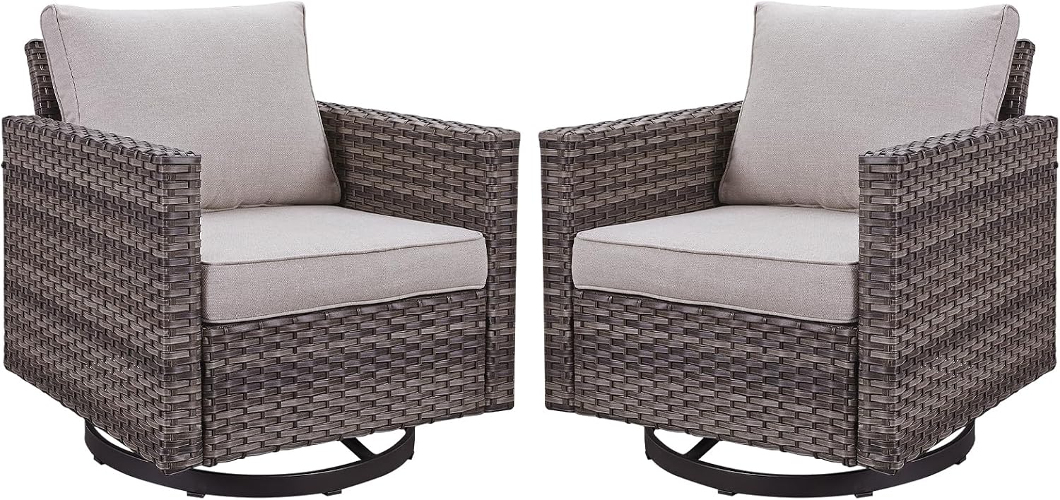 Outdoor Patio Swivel Rocker Chairs - Wicker Patio Swivel Rocking Chairs Set of 2 with Waterproof Wicker,Comfortable Cushions and Sturdy Metal Frame for Outside Porch Deck Backyard(Mixed Grey/Beige)