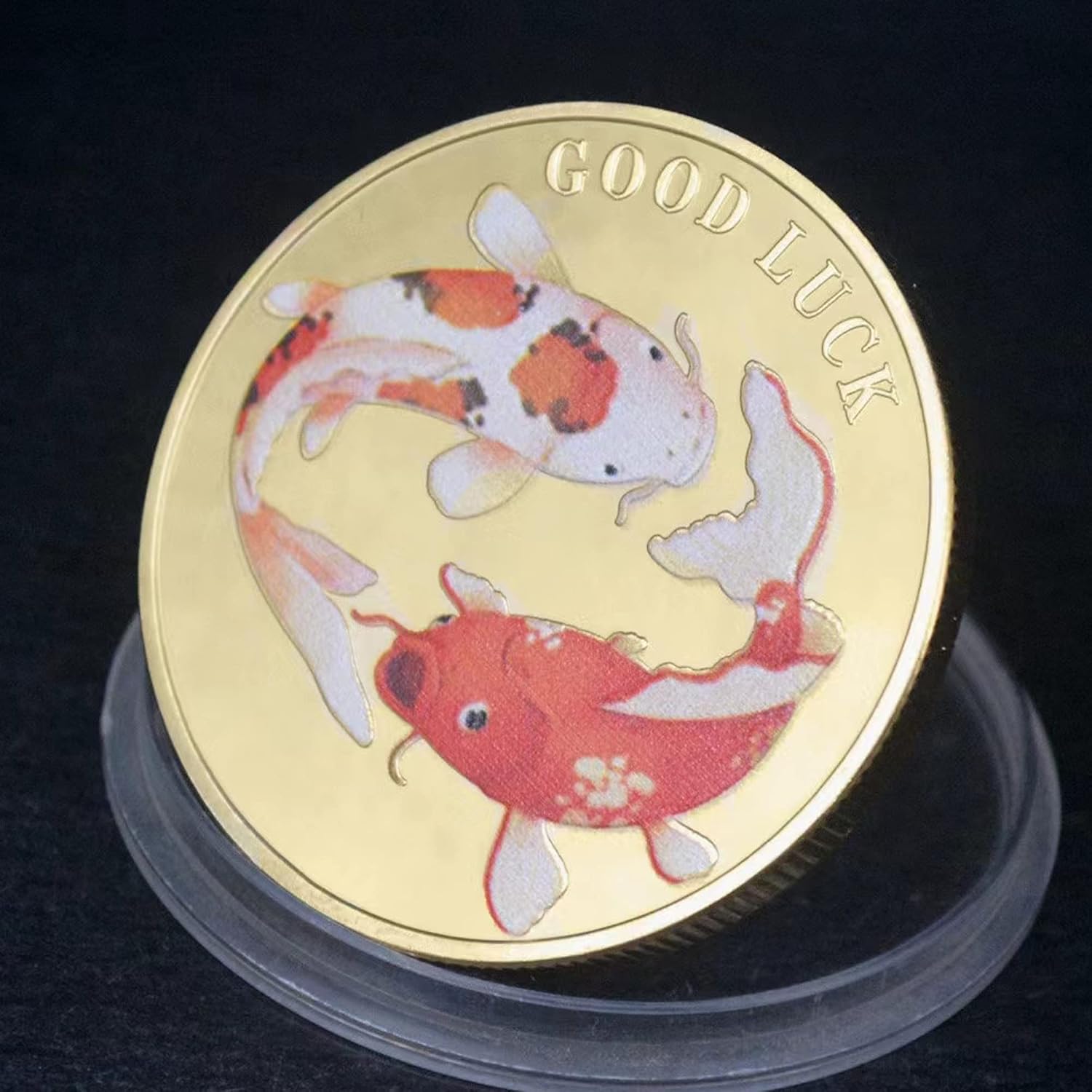 Two-Sided Lucky Coin Featuring One Side with A Pair of Koi Fish and One Side with Lucky Symbols - May Peace, Happiness and Good Fortune Be with You Always - Lottery Ticket Scratcher Tool