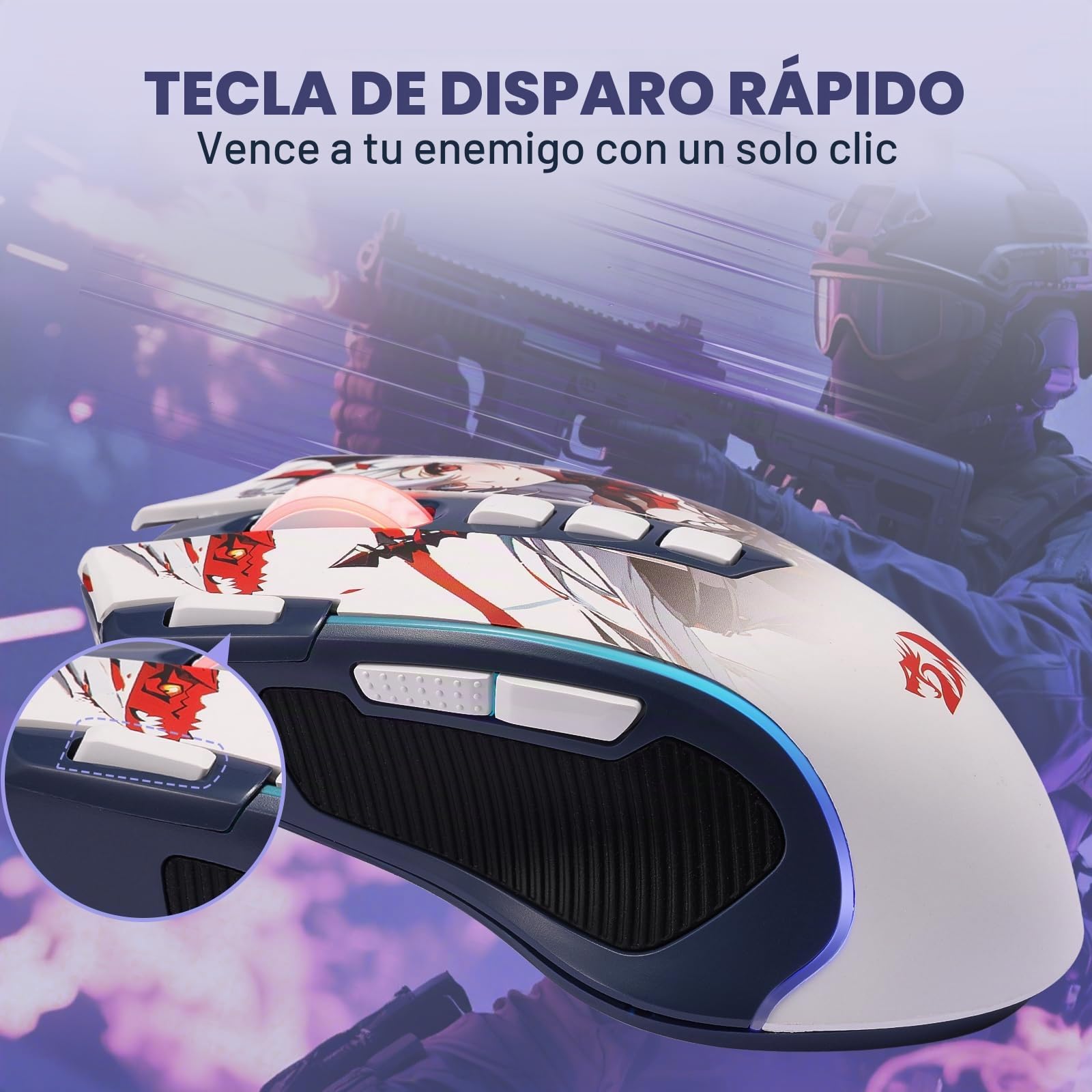 Redragon M612AK Pro Ratón Gaming Anime RGB Inalámbrico 8000 dpi | 9 Botones Programables 7 Modos Retroiluminación BT 2.4G Botón Fuego Rápido Software