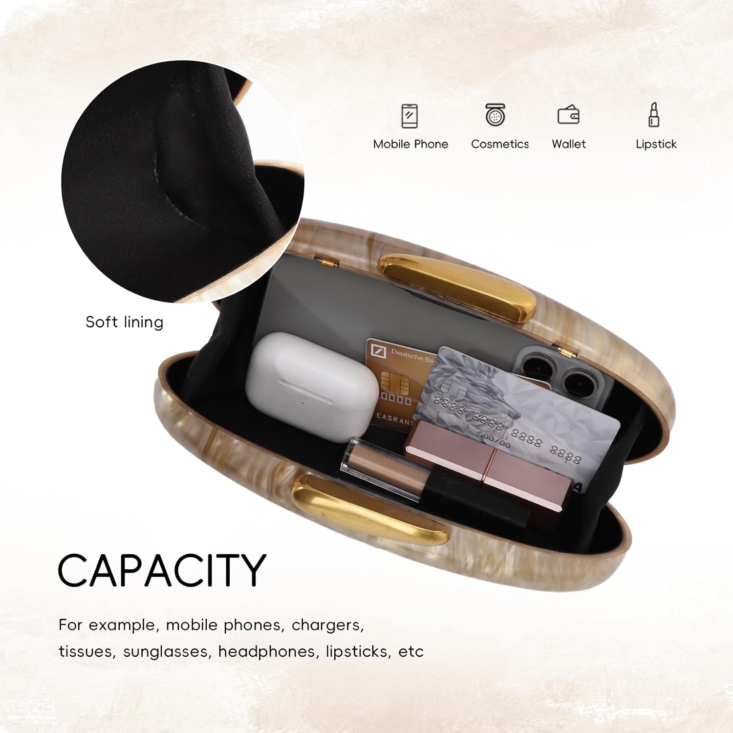 Oweisong Acrylic Evening Clutch for Women Formal Oval Shell Handbag | Marble Seashell Bag, Small Capacity, Chain Shoulder Bag, Formal Evening Bag, Wedding Bride Purse