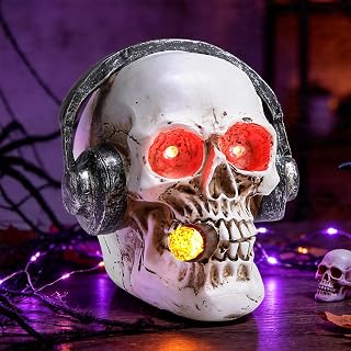 Halloween Headphone Skull Statue 4.5" LED Lighted Resin Skeleton Decor | Battery Operated Skull Head with Glowing Eyes Gothic Home Decoration Halloween Spooky Party Office Desk & Table Decor