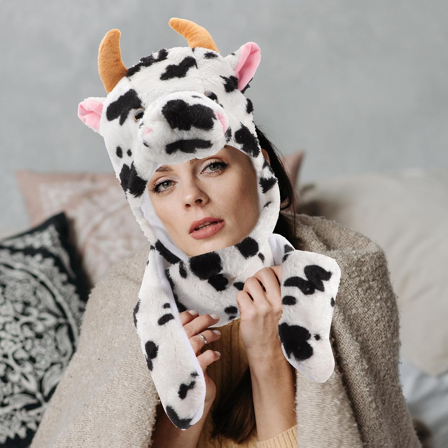 Cartoon Plush Cow Winter Hat with Gloves, Ear Warm Beanie Multi