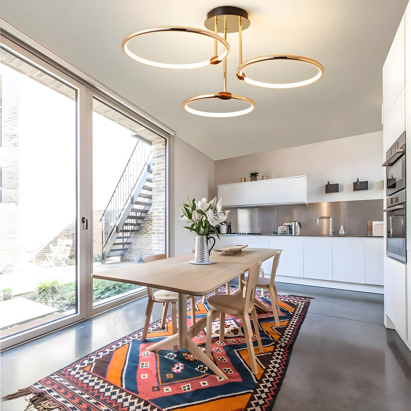 LED Deckenleuchte, Ø56cm Goldener Metallkreis Kronleuchter, 60W Stufenlos Dimmbar 3000–6000K Moderner Runder Galvanisierter Anhänger Schlafzimmer Wohnzimmer Kinder Büro Arbeitszimmer (3 Ringe)