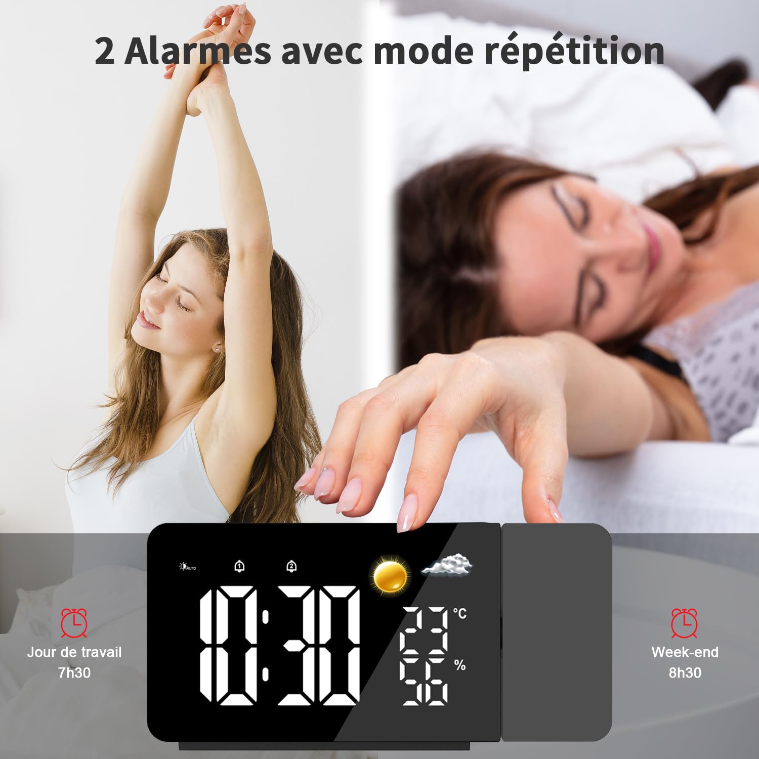 Uzoli EM3211A Réveil-projecteur Plafond LED avec Prévisions Météo 8h, Température et Humidité, 2 Alarmes, Snooze, Projection Rotative 180°, 10 Sonneries