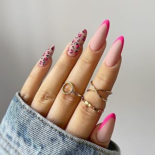 Pink French Tips Press on Nails Medium Almond Fake Nails with Lip Design Matte Glue on Nails Reusable Artificial Acrylic Nail Valentines Day False Nail for Women Manicure 24pcs