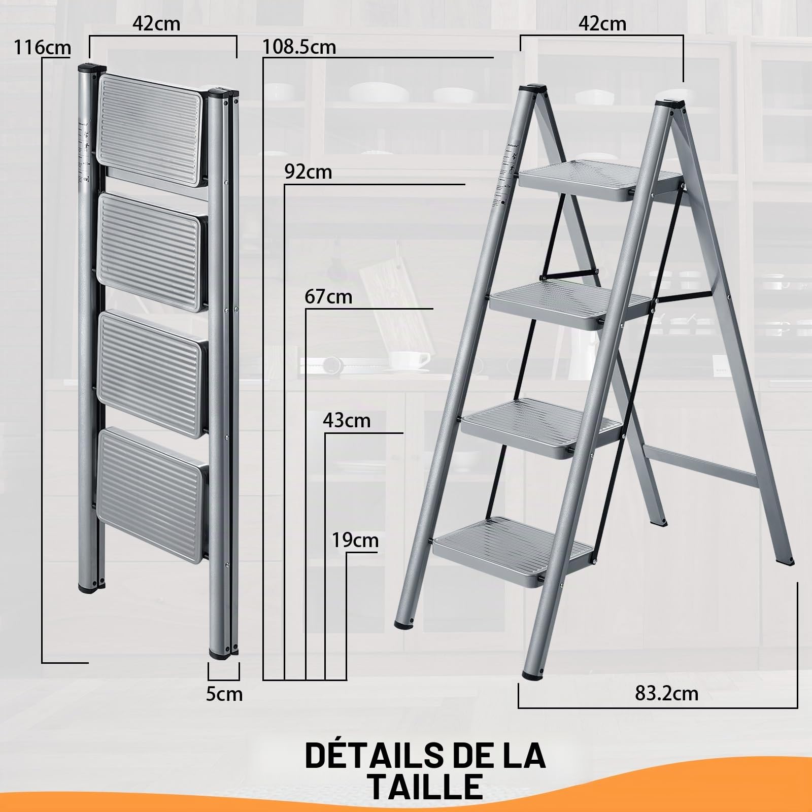 XinSunho Escabeau 4 marches, Escabeau Pliante avec pédale antidérapante, échelle en Acier Robuste, Léger et Portable pour la Maison, Capacité 150kg