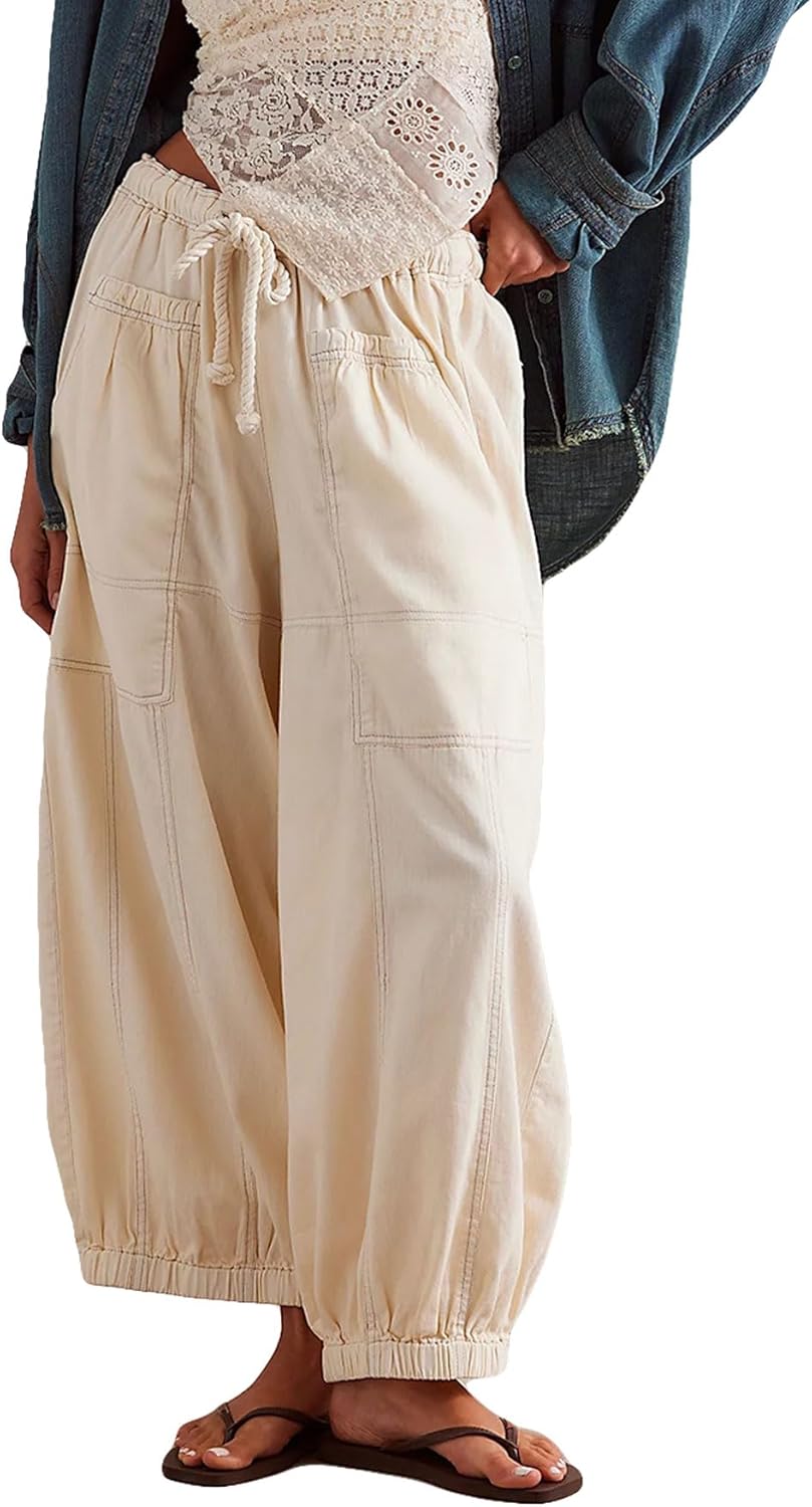 D-Sun Women Casual Wide Leg Jeans Pull On Drawstring Loose Barrel Jeans Baggy Elastic Waist Fashion Boyfriend Denim Pants