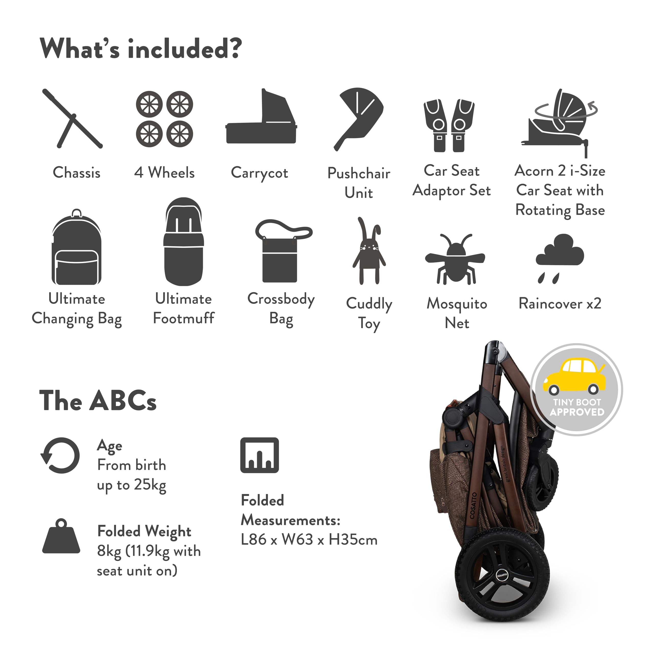 Cosatto Wow 3 Travel System Bundle mit i-Size Babyschale (Meadow) | 3 in 1 Kinderwagen ab Geburt bis 25kg mit Babywanne, drehbarer ISOFIX Basis, Fußsack und Wickelrucksack