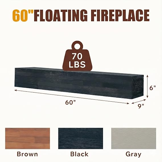 60 Fireplace Mantel Shelf, 6 Thick Rustic Solid Wood Floating Mantel Shelf Wall Mounted, Farmhouse Wooden Fireplace Mantel for Living Room Decor, Over Fireplace or TV, Black