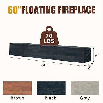 60 Fireplace Mantel Shelf, 6 Thick Rustic Solid Wood Floating Mantel Shelf Wall Mounted, Farmhouse Wooden Fireplace Mantel for Living Room Decor, Over Fireplace or TV, Black