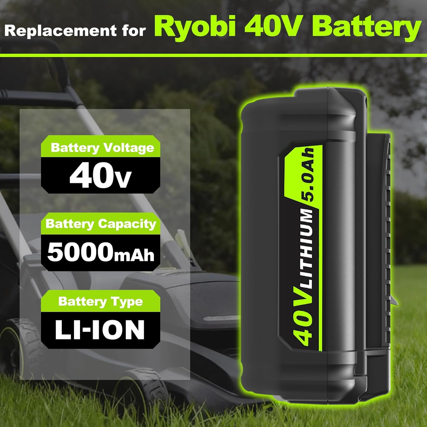 5.0Ah Replacement for Ryobi 40V Battery Lithium Ion Compatible with Ryobi Battery 40V Cordless Power 40 Volt Battery OP4040 OP40401 OP4026 OP40261 OP4050 OP40201 OP40601