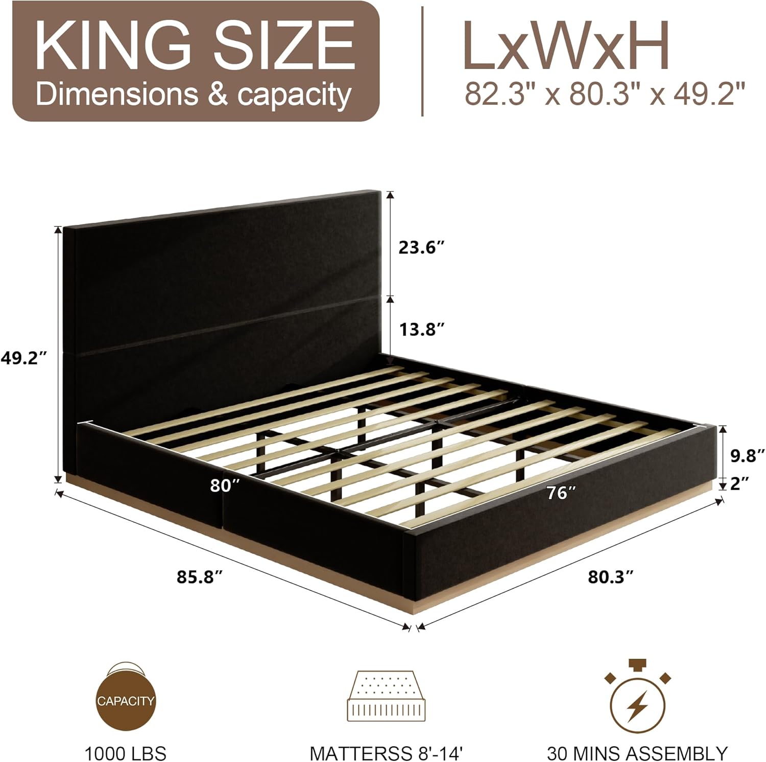 King Size Bed Frame with Headboard, Velvet Upholstered Floor Platform Bed with Enclosed Wood Base, Metal Structure & Wood Slats Support, No Spring Box Needed, Modern Minimalist, Black