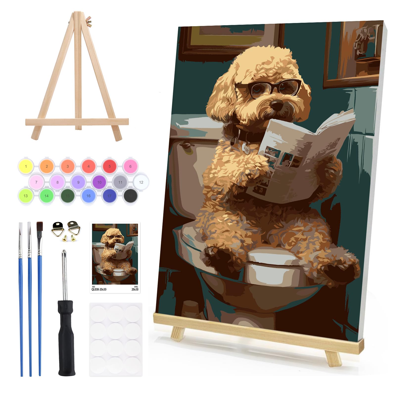 DAERLE Paint by Numbers for Adults Framed with Wooden Easel, Funny Dog Bathroom, Paint by Number Kits with Brushes, Dog On Toilet, Oil Painting Canvas Kits for Home Wall Decor 8X12 Inch