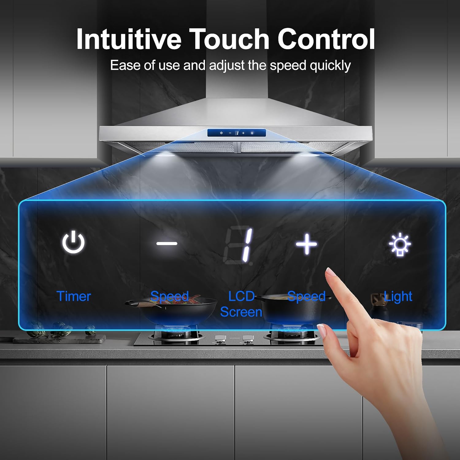 Close-up of the range hood's digital touch control panel with buttons for Timer, Speed, and Light.