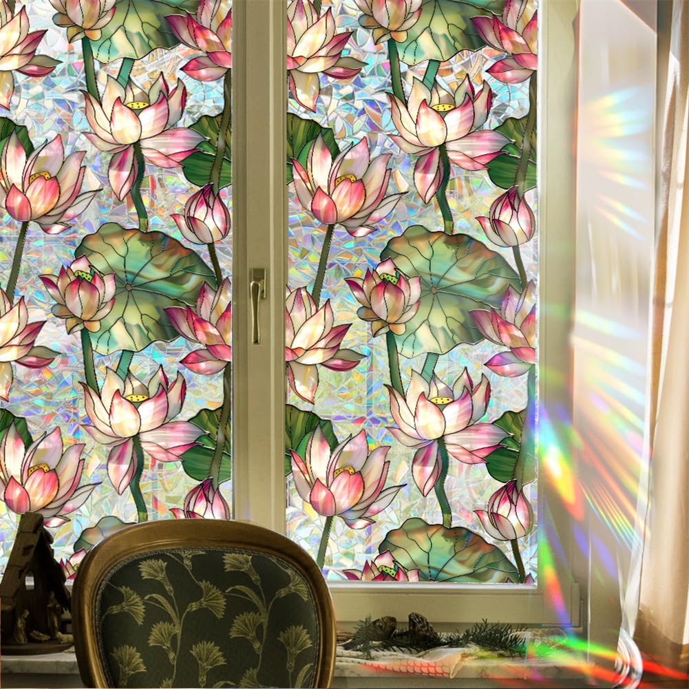 KASTWAVE Double-Sided Stained Glass Window Film, Reusable Sun Blocking Static Cling Window Stickers, Non-Adhesive Removable Window Tint for Home(43x100cm)