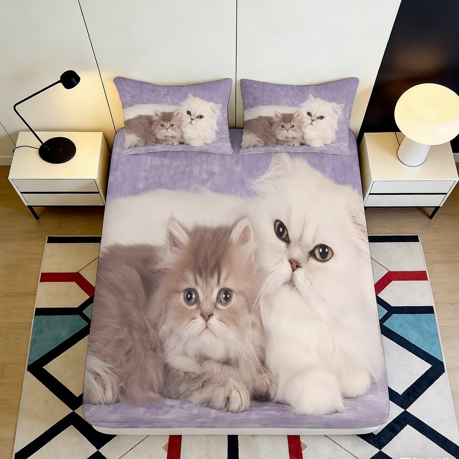 Pnayamiorkfel Style-3 3D Printed Fluffy Cat Family Fitted Sheet Microfiber Soft Anti-Slip Bed Cover For Bedroom Guest Room Dustproof Decor 90X200x25cm