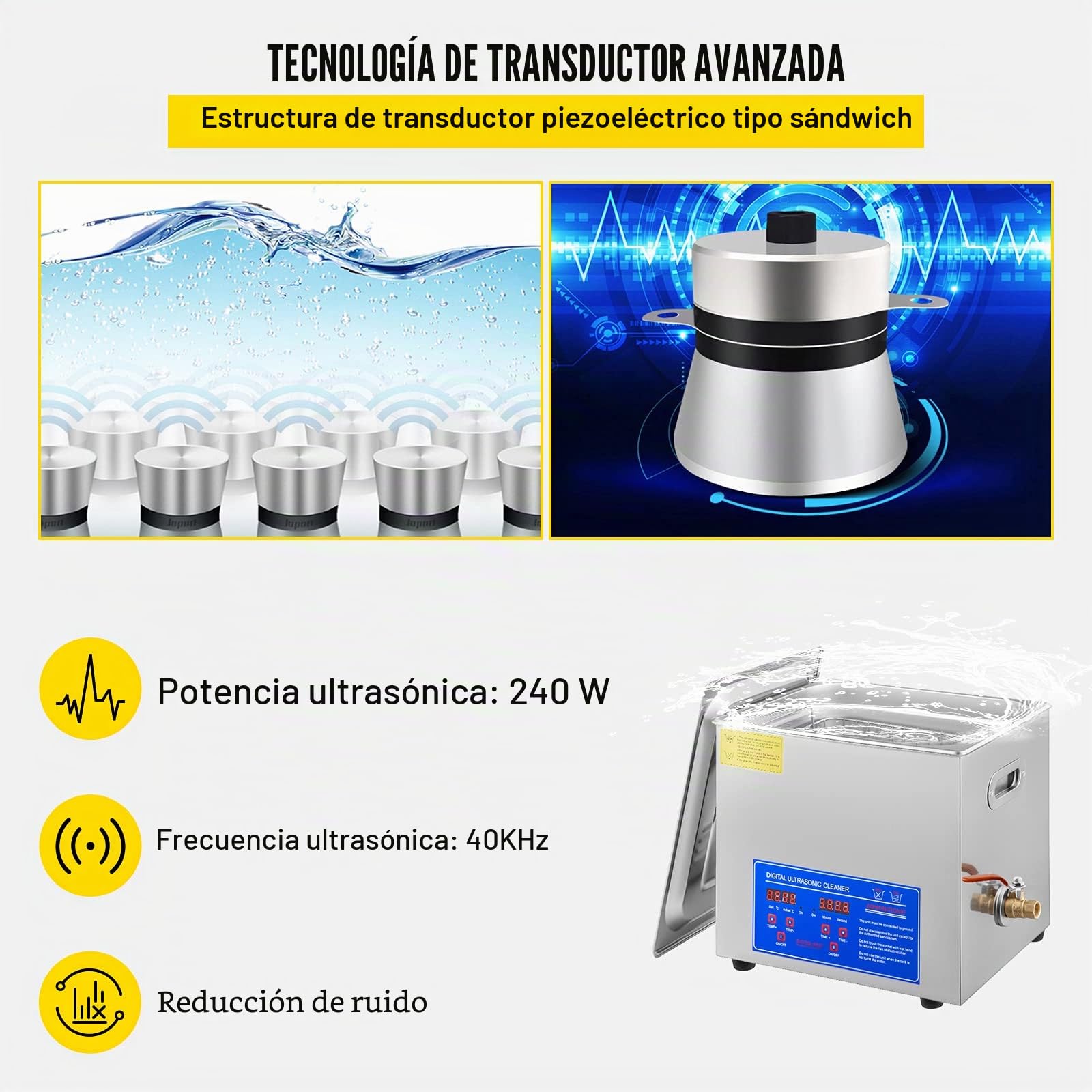 Limpiador Ultrasónico 10L, 240W Limpiador Ultrasonidos Profesional de Acero Inoxidable, Máquina de Ultrasonido con Temporizador Digital, Temperatura Ajustable, para Joyas, Relojes