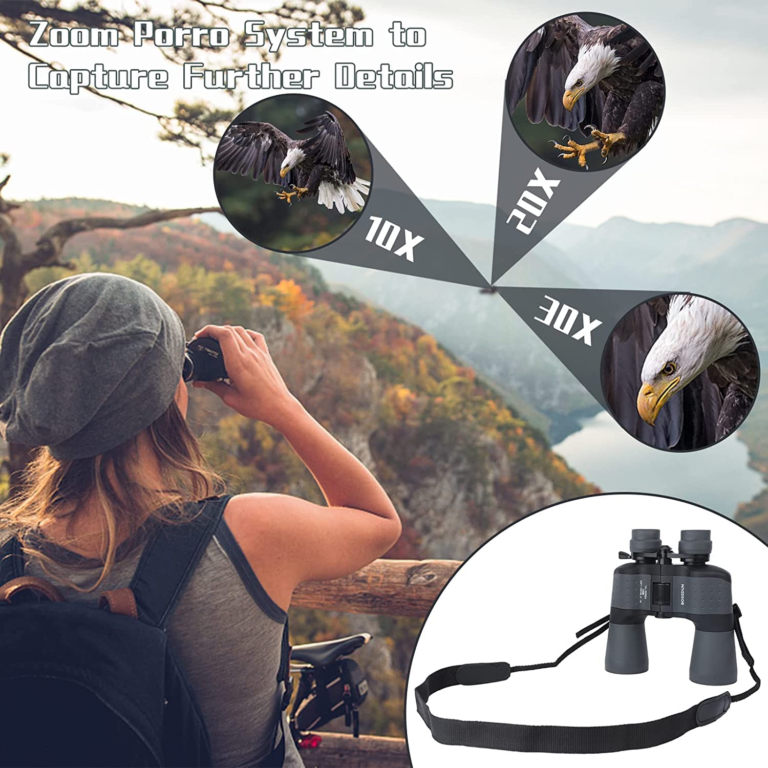 Binocolo 10-30x50 Impermeabile - Per Birdwatching, Caccia, Concerti E Sport All'Aperto, Verde