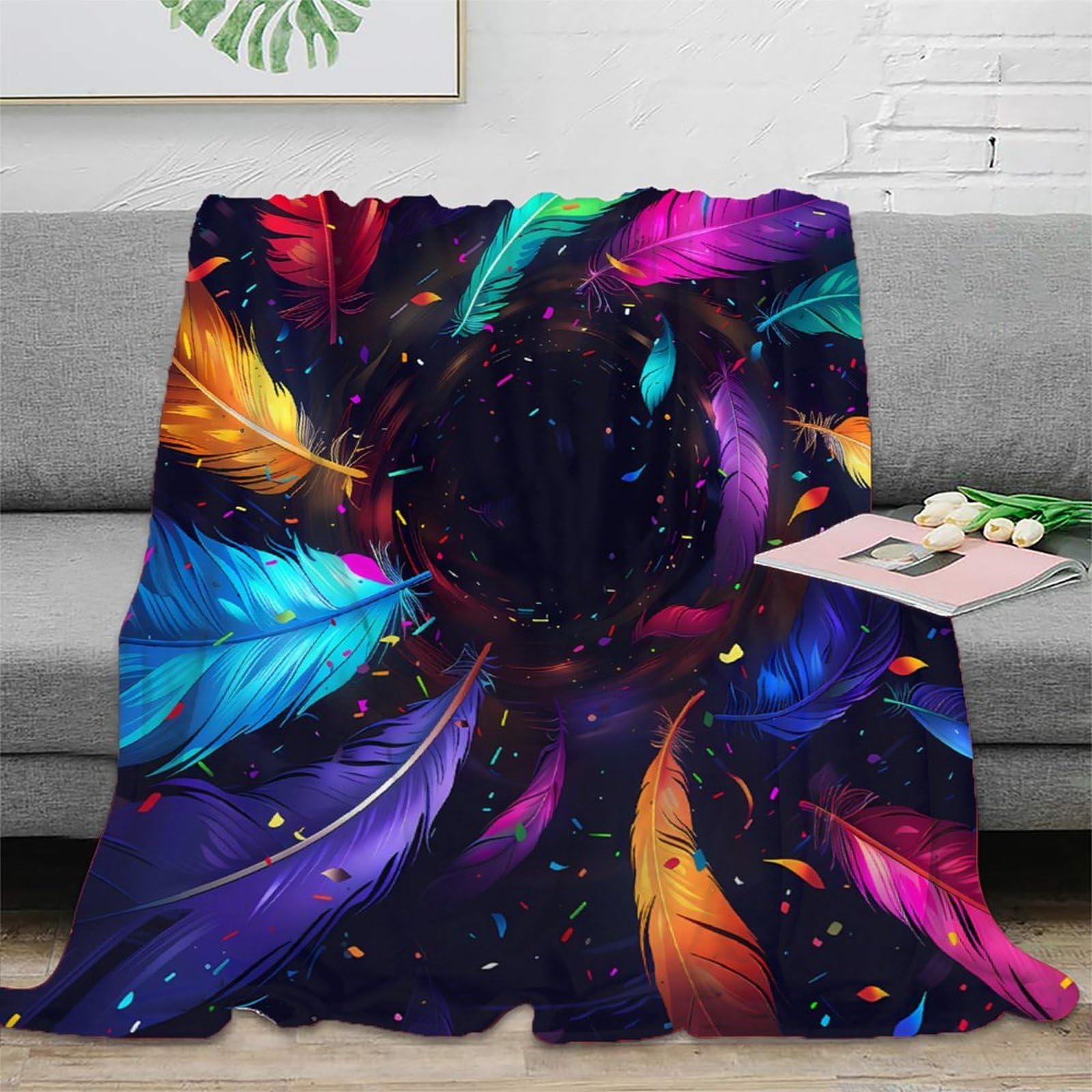 Jeté de canapé microfibre colorful feathers 150x200cm