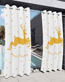 Outdoor Curtains for Patio Waterproof 95 Inches Long, Merry Christmas Energy Saving Drapes Grommet Top Curtains, Xmas Elk Winter Yellow Deer Outside Curtain for Porch, Gazebo, 54" x 95"