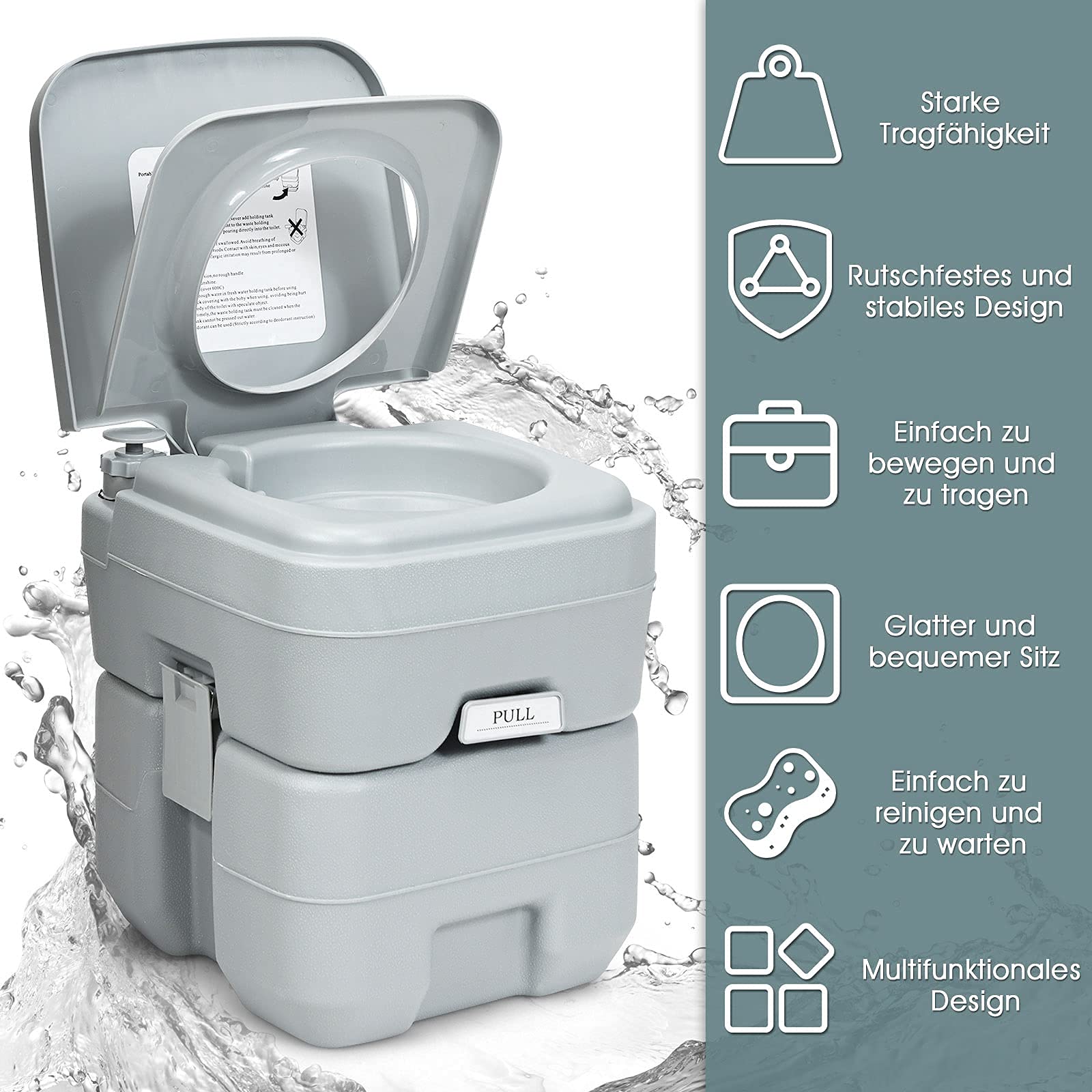 COSTWAY 20 l + 12 l toaleta kempingowa ze zdejmowanym zbiornikiem na ścieki, przenośna toaleta podróżna, na kemping i do przyczepy kempingowej, kolor szary