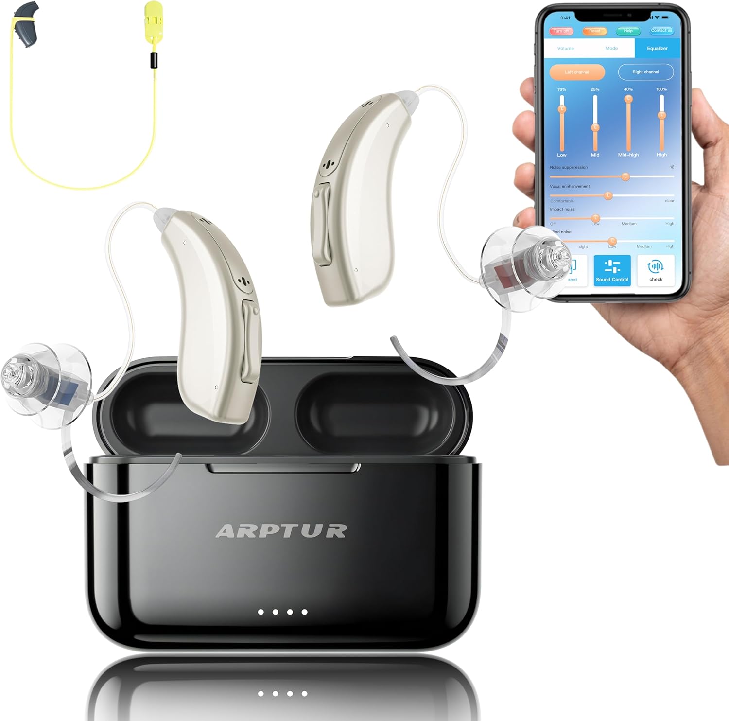 Rechargeable Bluetooth OTC Hearing Aids for Seniors - APP Controlled, Noise Cancelling,Hands-Free Phone Calls, Available for Android and Apple phones only(Gold+ Yellow Clip)
