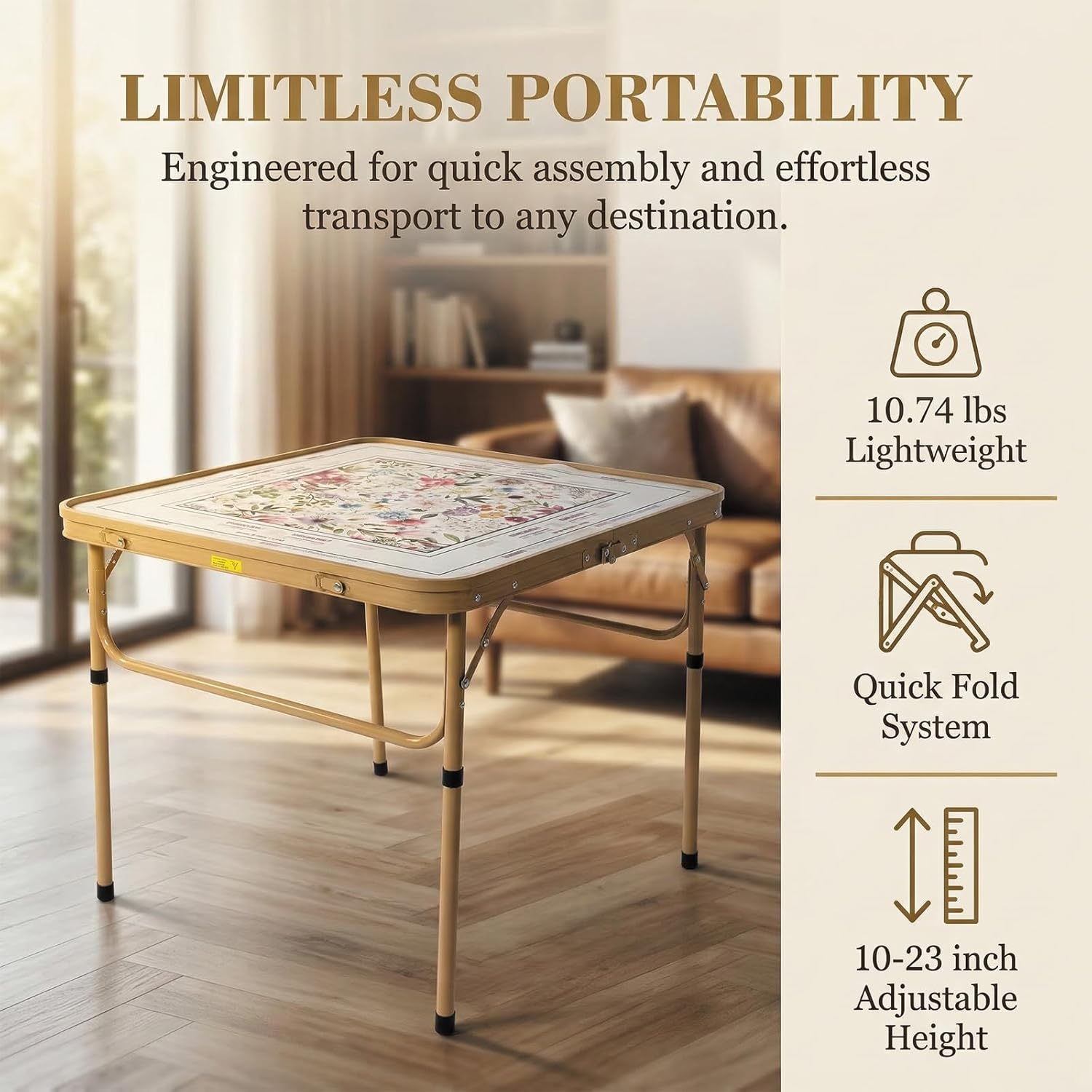 Folding Mahjong Table with Premium Mat, Portable Aluminum Alloy Game Table 27.5"×27.5", Lightweight Indoor Outdoor Camping Mahjong Desk for Travel, Cards & Board Games (Flower)