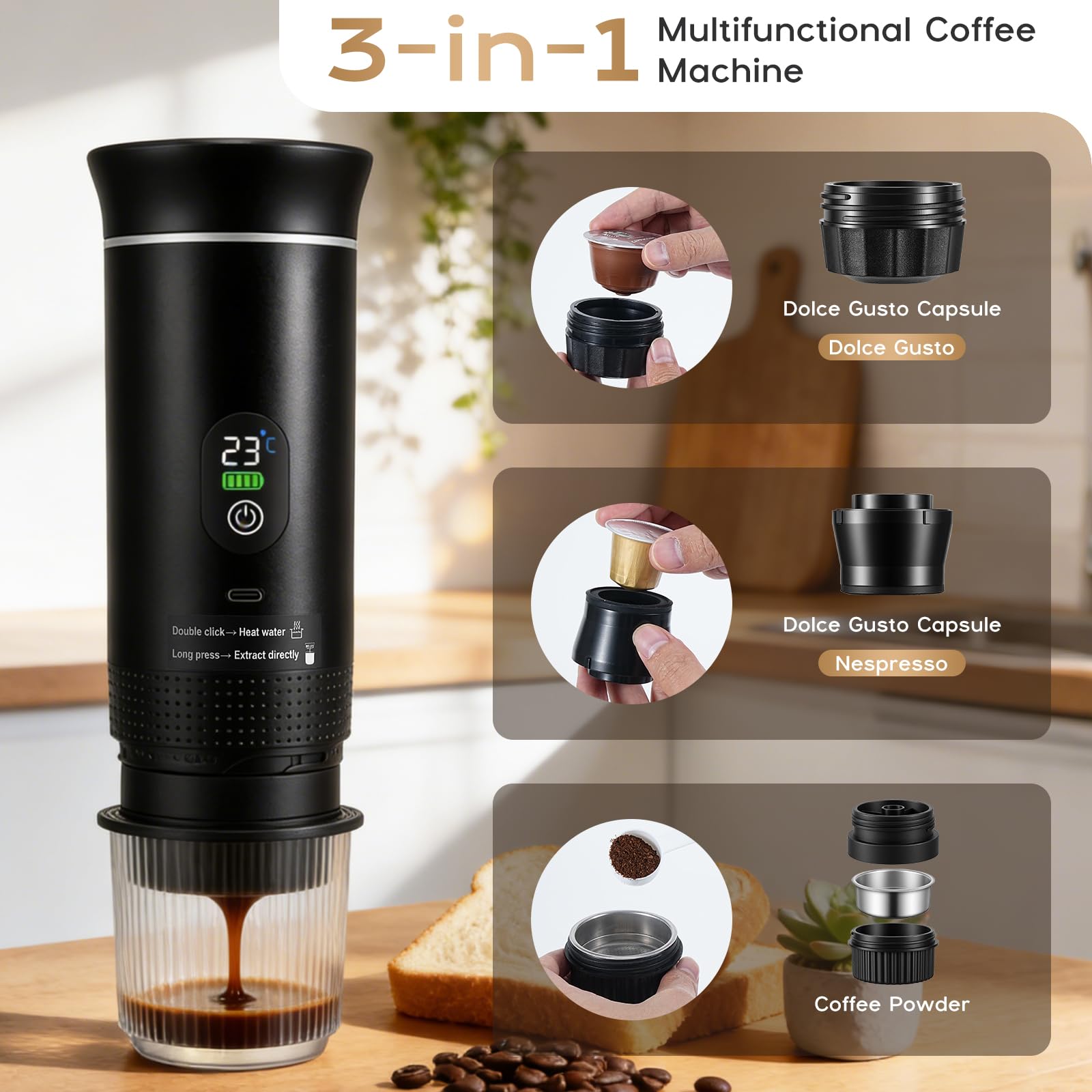 Macchina Caffè Portatile 20 Bar, 3 IN 1 Macchina Espresso Portatile Compatibile con Capsule Piccole/Grandi e Caffè Macinato, Auto-Riscaldamento, Caffettiera Portatile per Viaggi Campeggio Auto