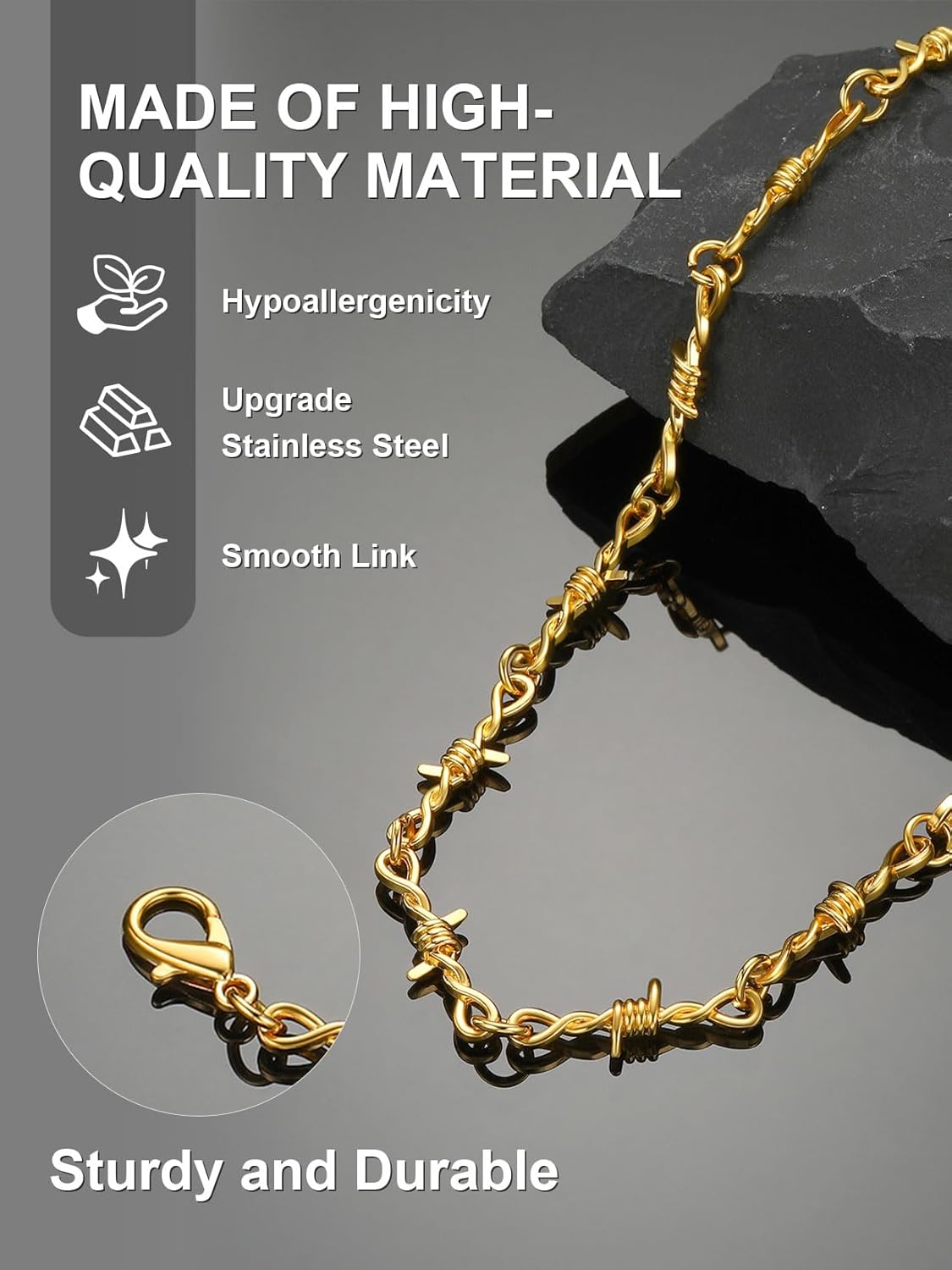 ChainsProMax Barbed Wire Necklace for Men Women, Punk Thorn Chain Gothic Men Necklace Chain 18-24inch for Husband Father, Stainless Steel/Gold Plated/Black Mens Hip Hop Jewelry-Send Gift Box