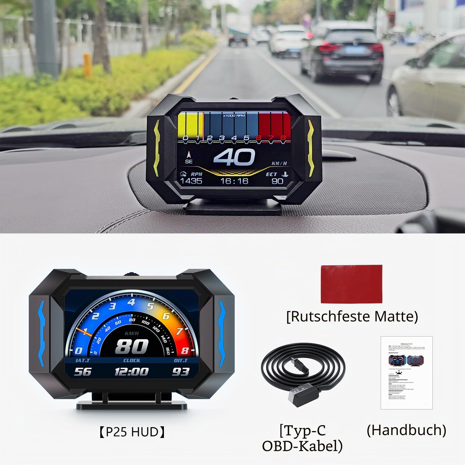 HUD P25 Head-up-Display Auto – Digitaler OBD+GPS Speedometer mit Kühlmitteltemperatur, Kraftstoffverbrauch, Neigungsmesser & Neigungswarnung