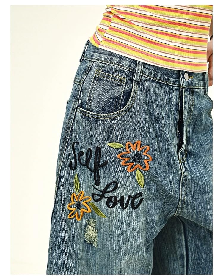 Y2k Vintage Flower Letter Embroidery Slub Pattern Harajuku Baggy Jeans Hiphop Grunge Ripped Wide Leg Casual Denim Pants3