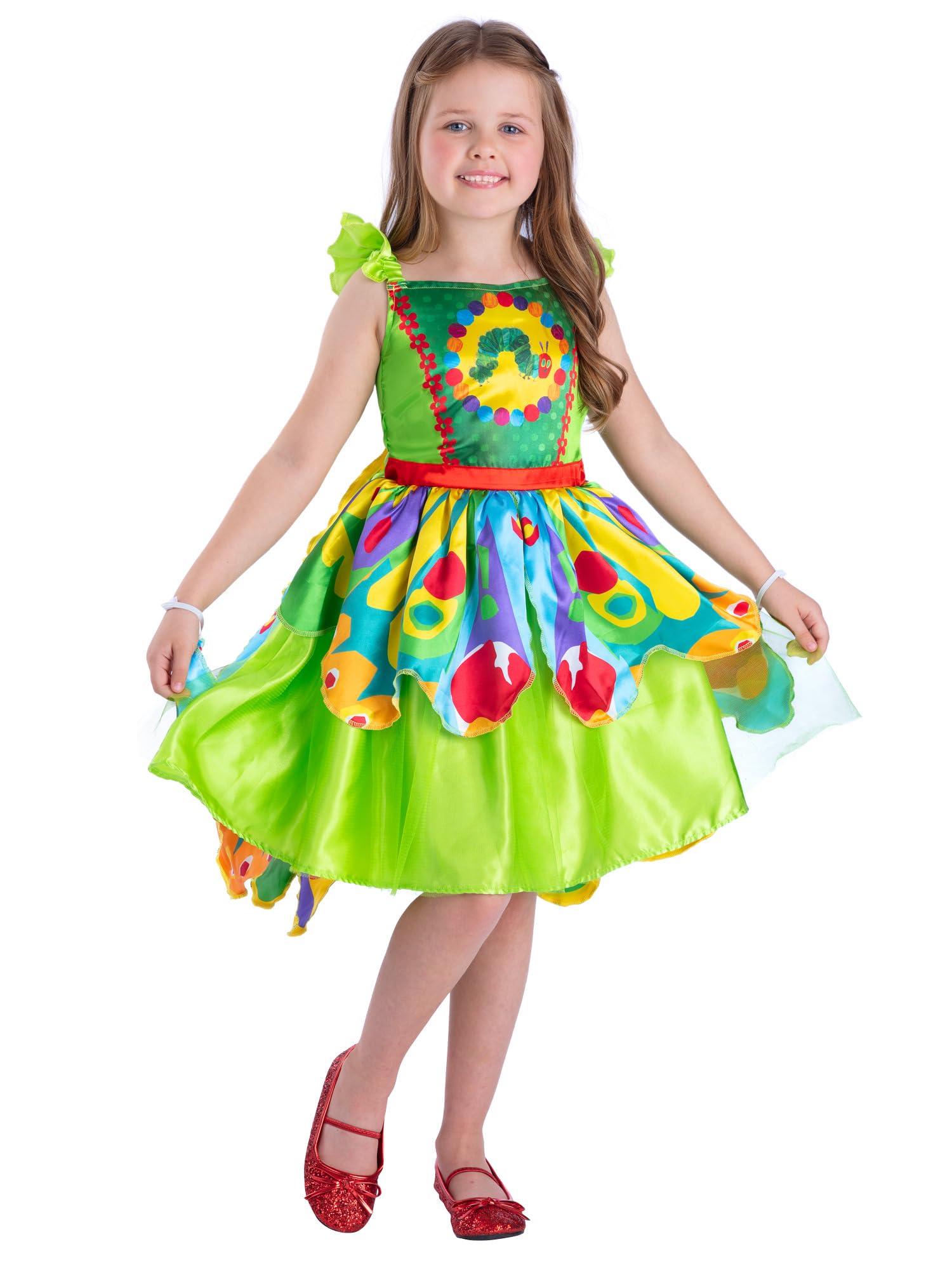 Smiffys Official The Very Hungry Caterpillar Butterfly Costume for Children, Licensed Storybook Fancy Dress, Colourful Dress & Detachable Butterfly Wings w. Wrist Straps, Girls Fancy Dress, WBD Age4-6
