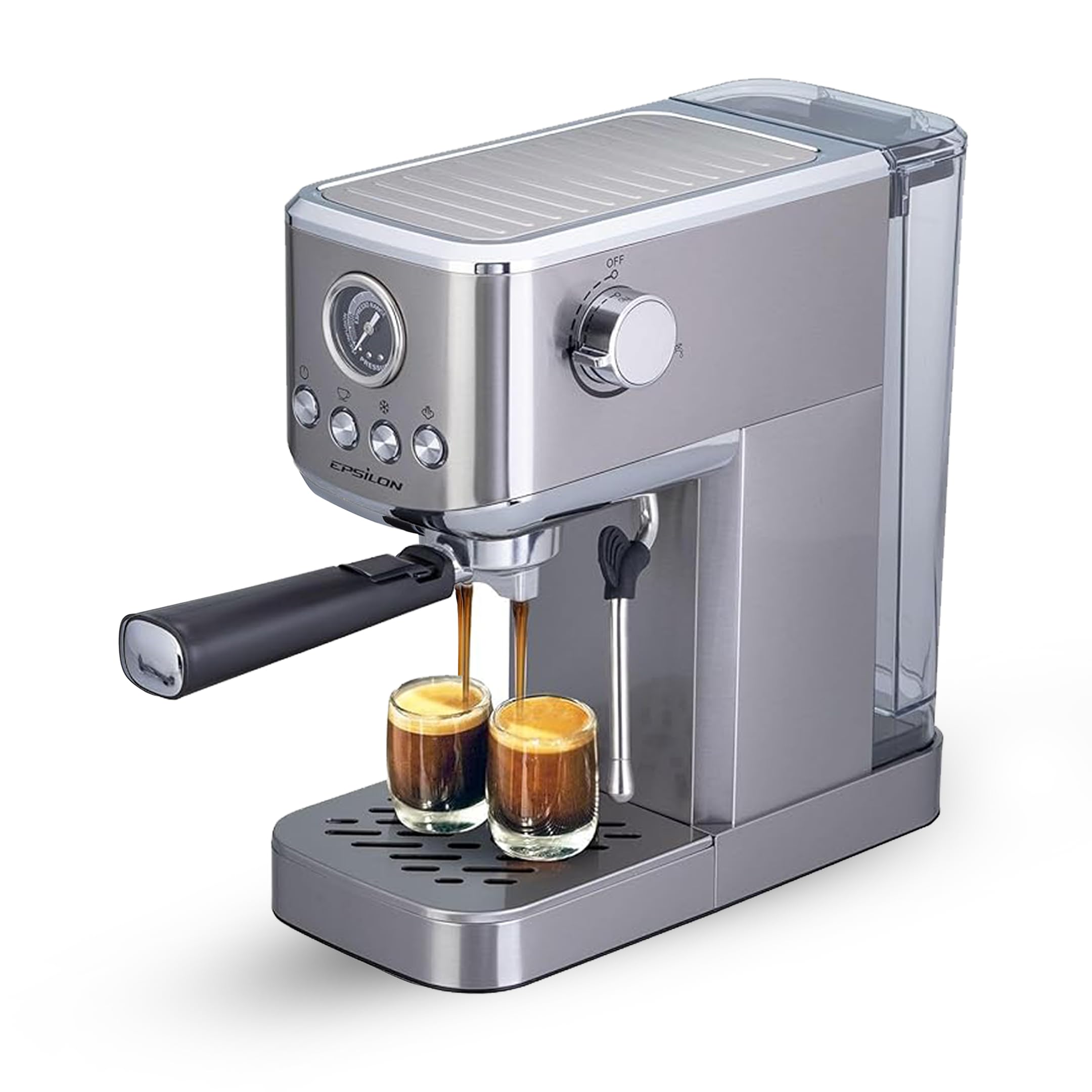 Epsilon Coffee Machine with Milk Frother, Compact 20-Bar Espresso Maker, Hot and Iced Coffee Maker with Removable Water Tank, Cold Brew Feature, and Steam Wand, 1.2L Capacity - Stainless Steel