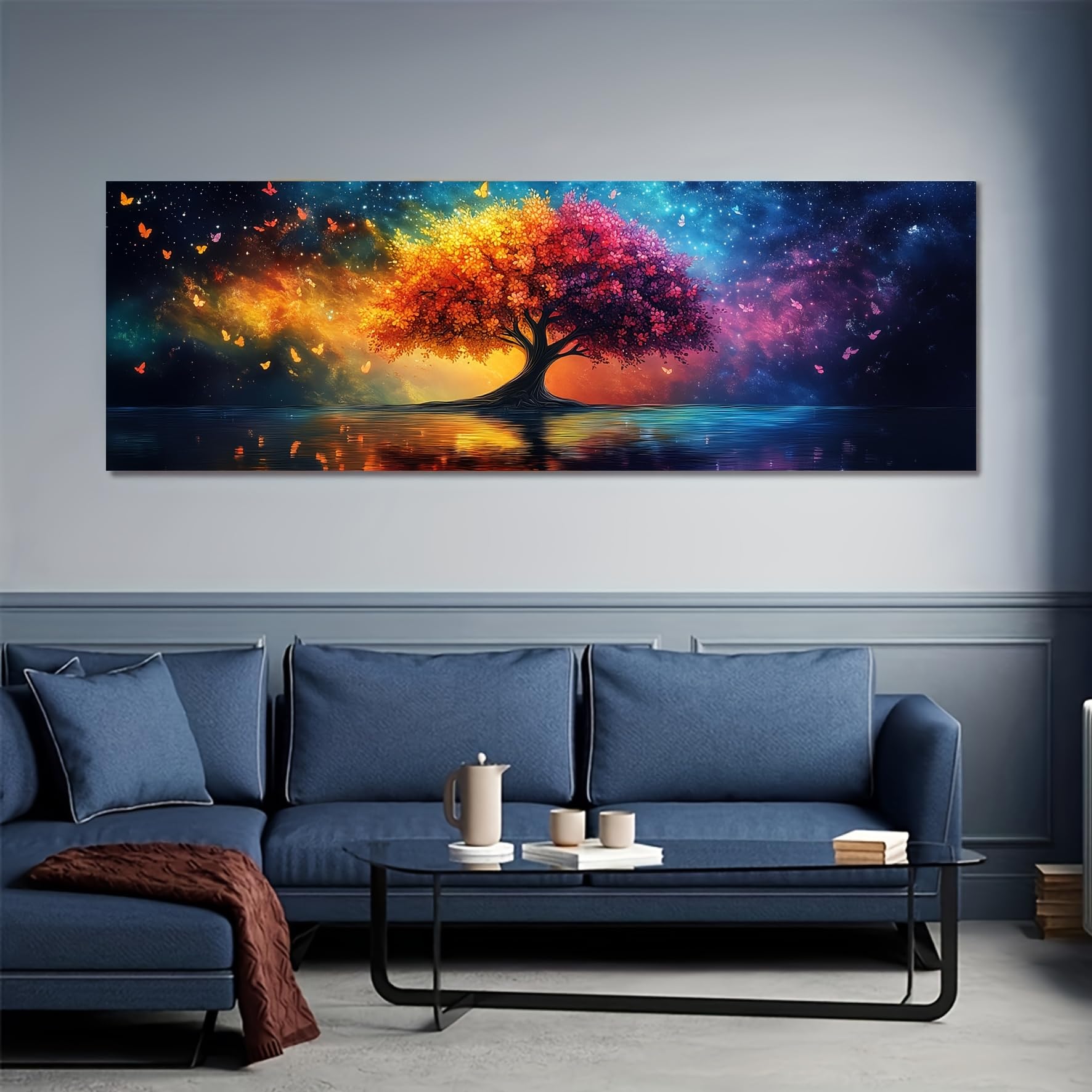 EGJEPWFH Vibrant Tree of Life Featuring Rainbow Hues And a Starry Night Sky Art Nature Landscape Wall Art(30x90cm/No frame)