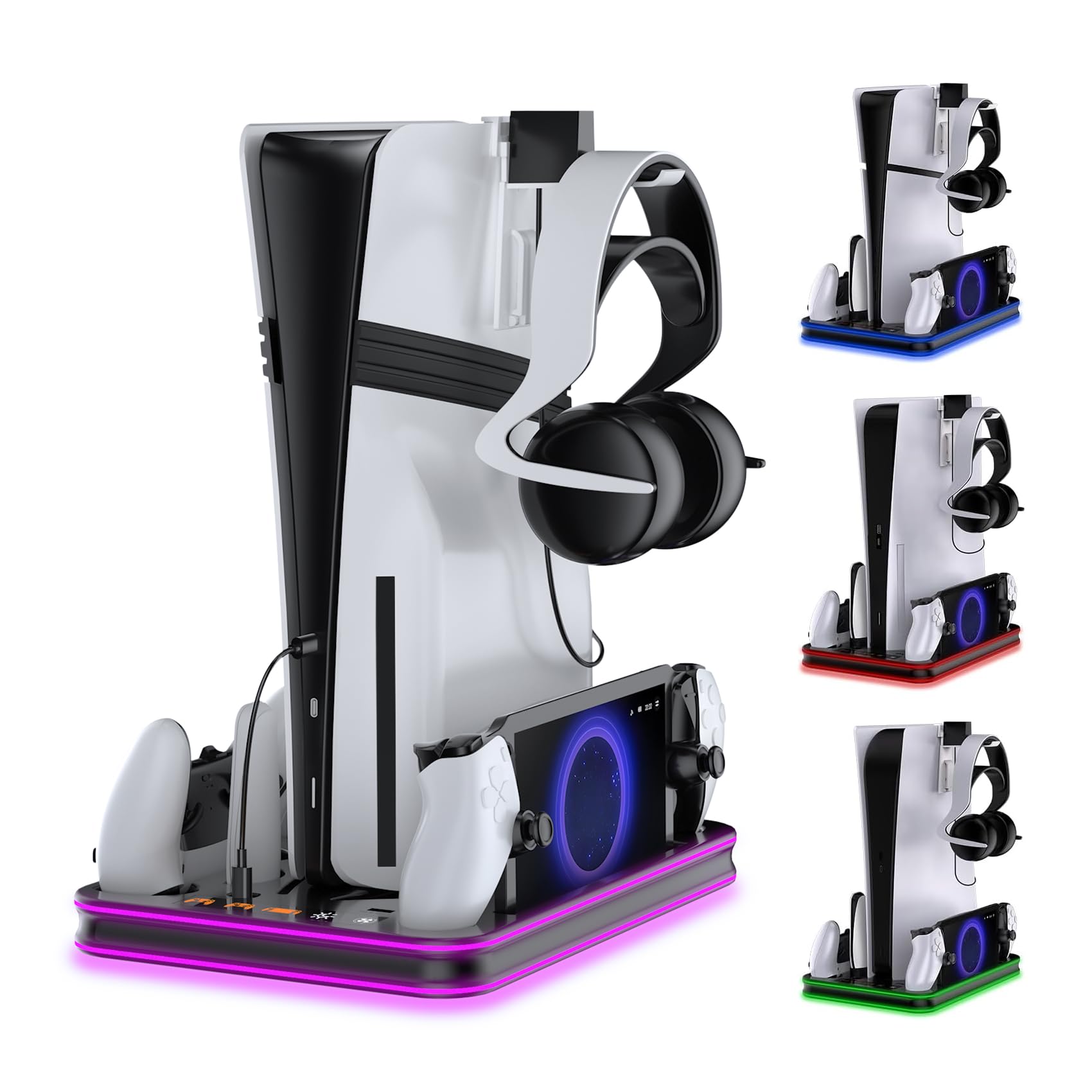 Supporto e stazione di raffreddamento per PS5/PS5 Slim/PS5 Pro con controller LED RGB Accessori per dock di ricarica, caricabatterie per controller PlayStation 5 e cuffie per console PS Portal e