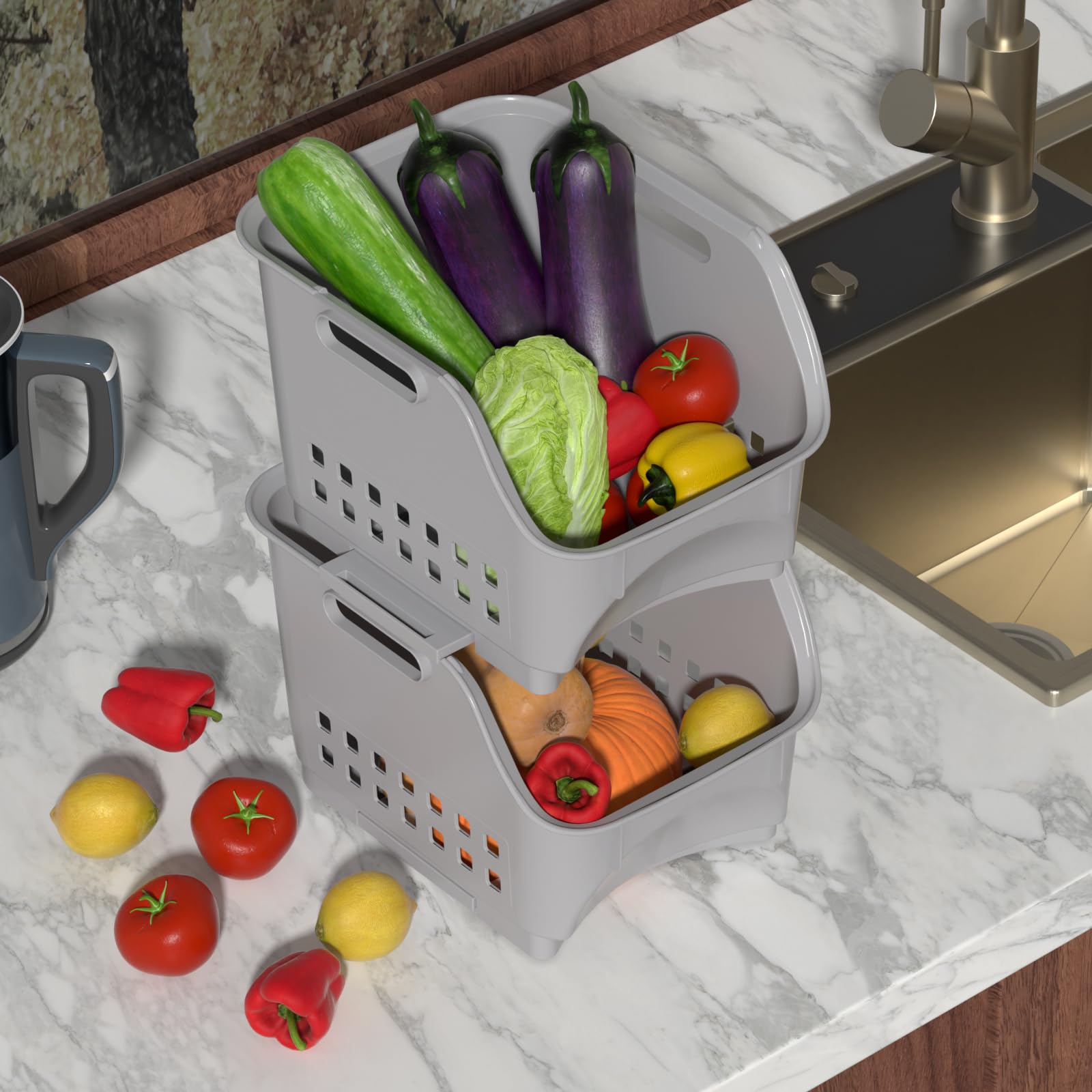Paquete de 3 cestas de almacenamiento frontales abiertas, cestas apilables de plástico para organizar frutas, verduras, condimentos, color gris