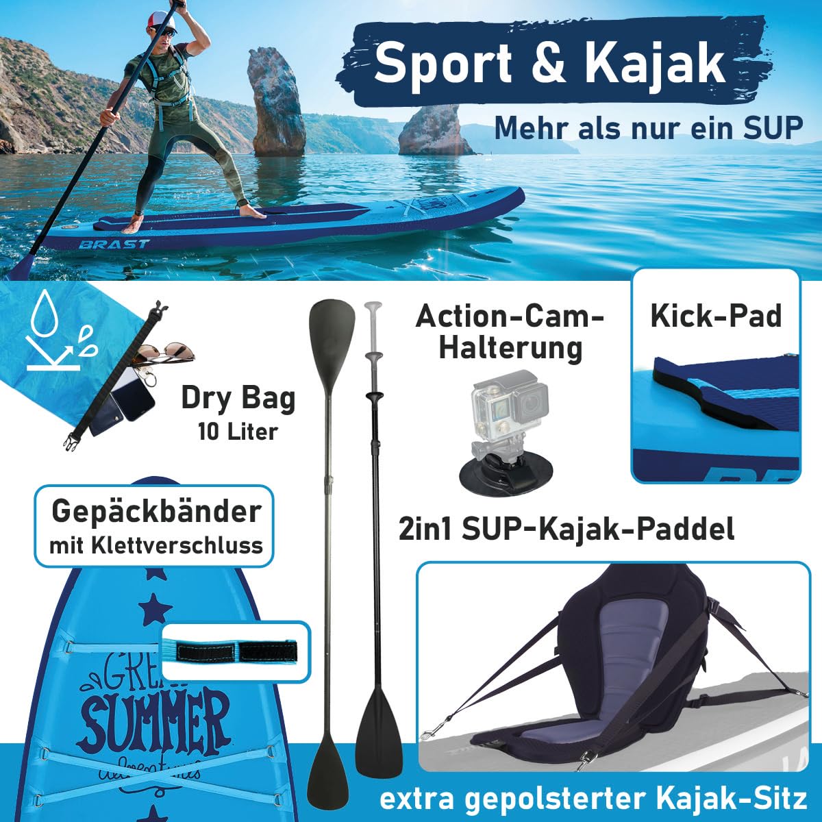 BRAST SUP Board Primo Summer | Aufblasbares Stand up Paddle Set | 320x81x15cm | 10 Designs | inkl. Zubehör | Alu Paddel Fußschlaufe Hub-Pumpe Reparatur-Kit