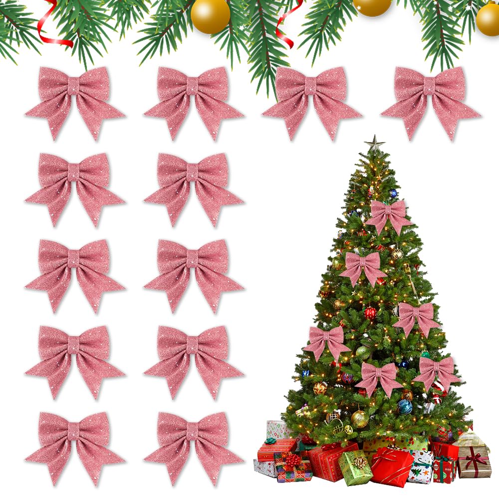 Udbrud 12 Piezas Lazos de Navidad, Colgantes Árbol de Navidad, Lazo Purpurina Decoracion Arbol Adornos Navidad Lazos para Árbol, Navideños Manualidades Decoración Regalos Casa (Rosa)