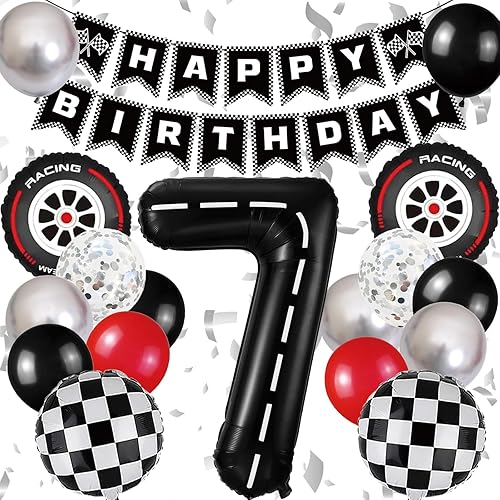 Miniatura 10 de Conjunto de Decoraciones para Fiesta de Cumpleaños de Carreras de Coches, con Globo de Pista de Carreras de 40 Pulgadas Negro Número 2, Bandera