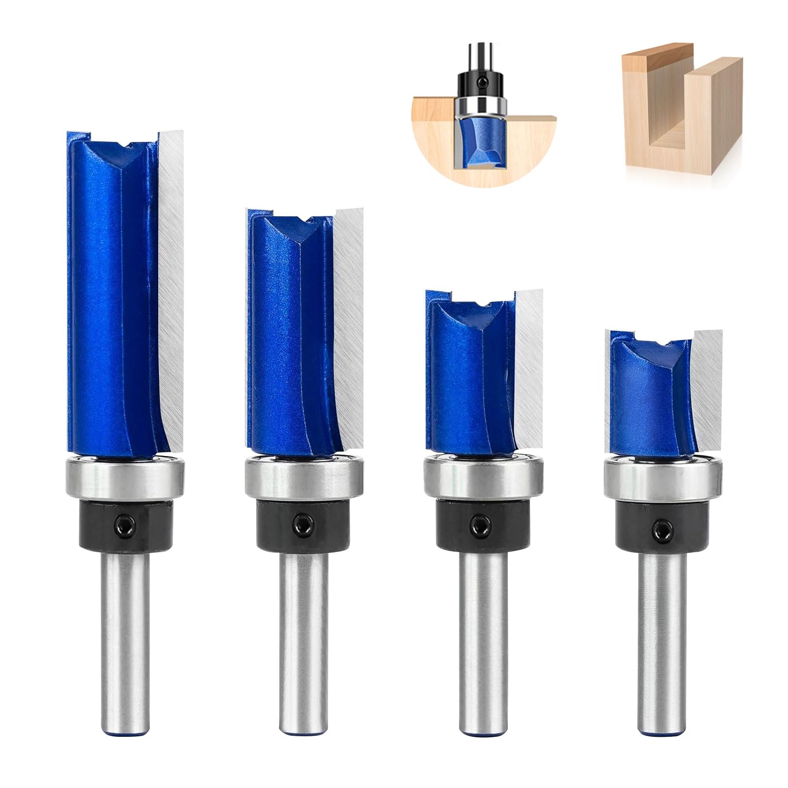 4 Pezzi Frese per Legno, 6.35mm Fresa a Copiare per Legno con Cuscinetto, Punte per Fresatura legno, Fresa Taglienti Diritti