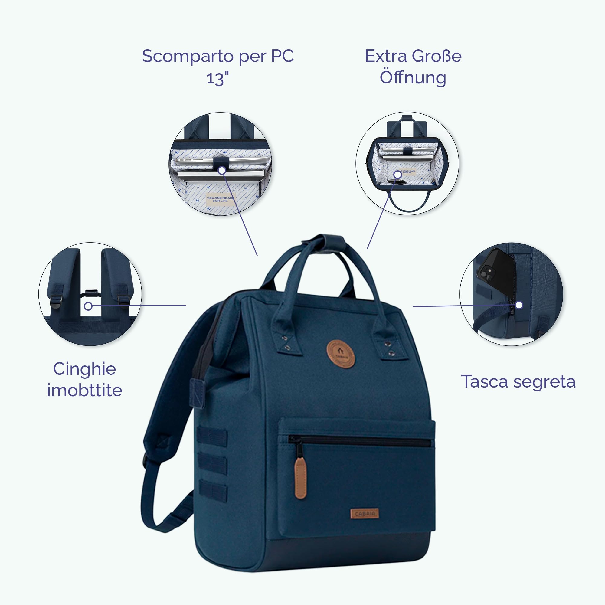 Cabaïa - Zaino Adventurer Lobito - Medium 18L - Idrorepellente - scomparto per PC fino a 13″ - 2 tasche intercambiabili - Vegan certificato - Zaino da viaggio, lavoro e scuola - Beige