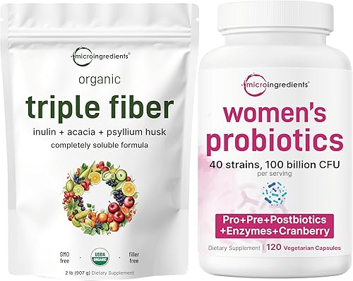 Micro Ingredients Polvo orgánico de triple fibra y probióticos para mujer, cápsulas vegetales de 100 mil millones de UFC, paquete de 2, fibra