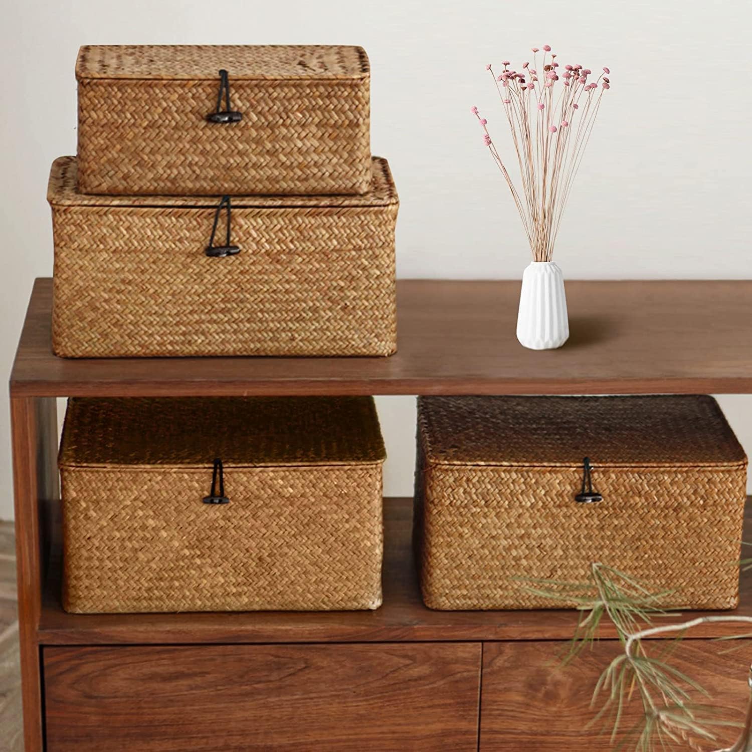 Lot de 4 Panier de Rangement en Osier Tressé,Panier Rotin Osier Couvercle Naturel BoîTe de Rangement en Tressé Avec Couvercle Organiseur de Maquillage pour Salle de Bains,Salon,Cuisine