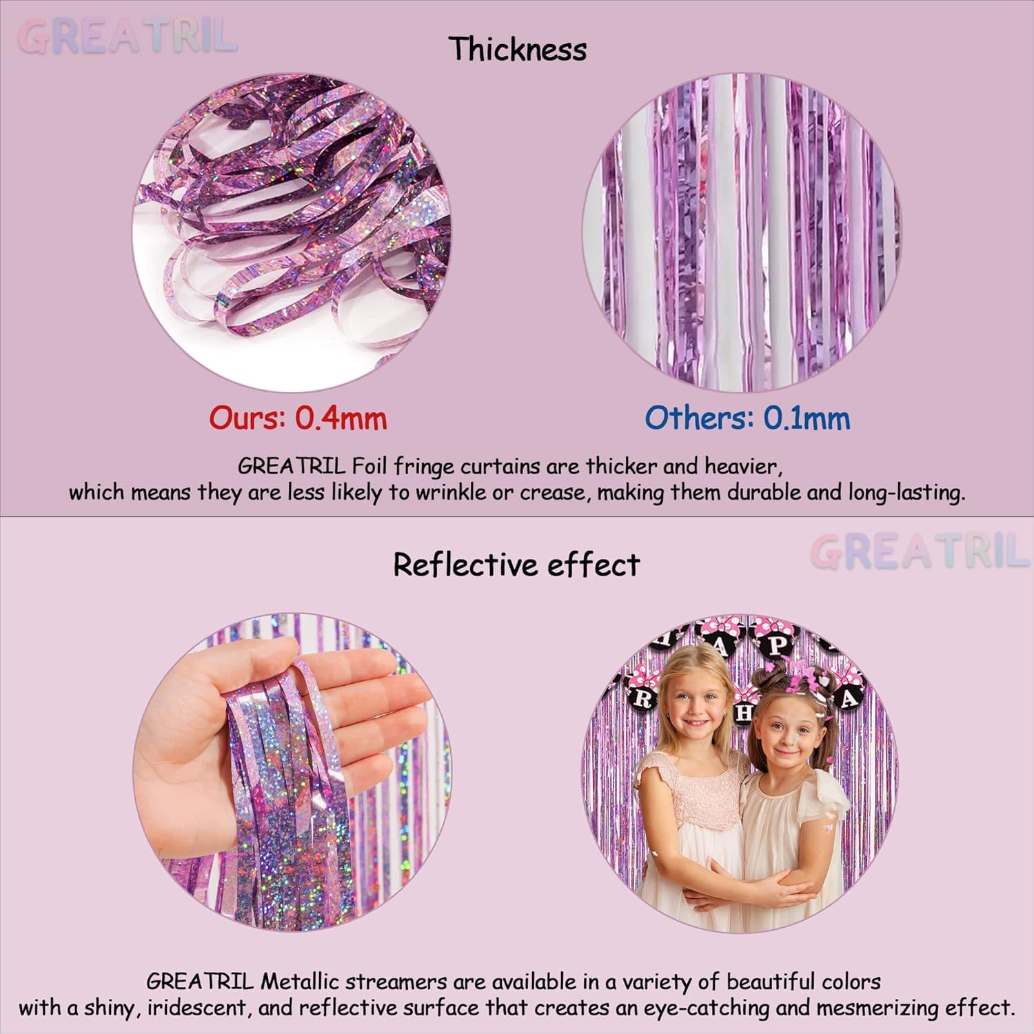 Pink Tinsel Curtain Party Backdrop Glitter - GREATRIL Foil Fringe Curtain Lilac Pink Streamers Decor for Birthday Girl Princess Unicorn Christmas Bachelorette Euphoria Party Decorations - 2 PCS