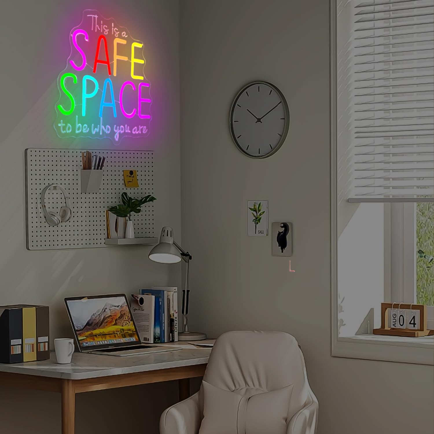 Neonowy znak 'This Is Safe Space To Be Who You' LED neonowy znak do dekoracji ścian, ściemniany neonowy znak świetlny do klasowej terapii biura