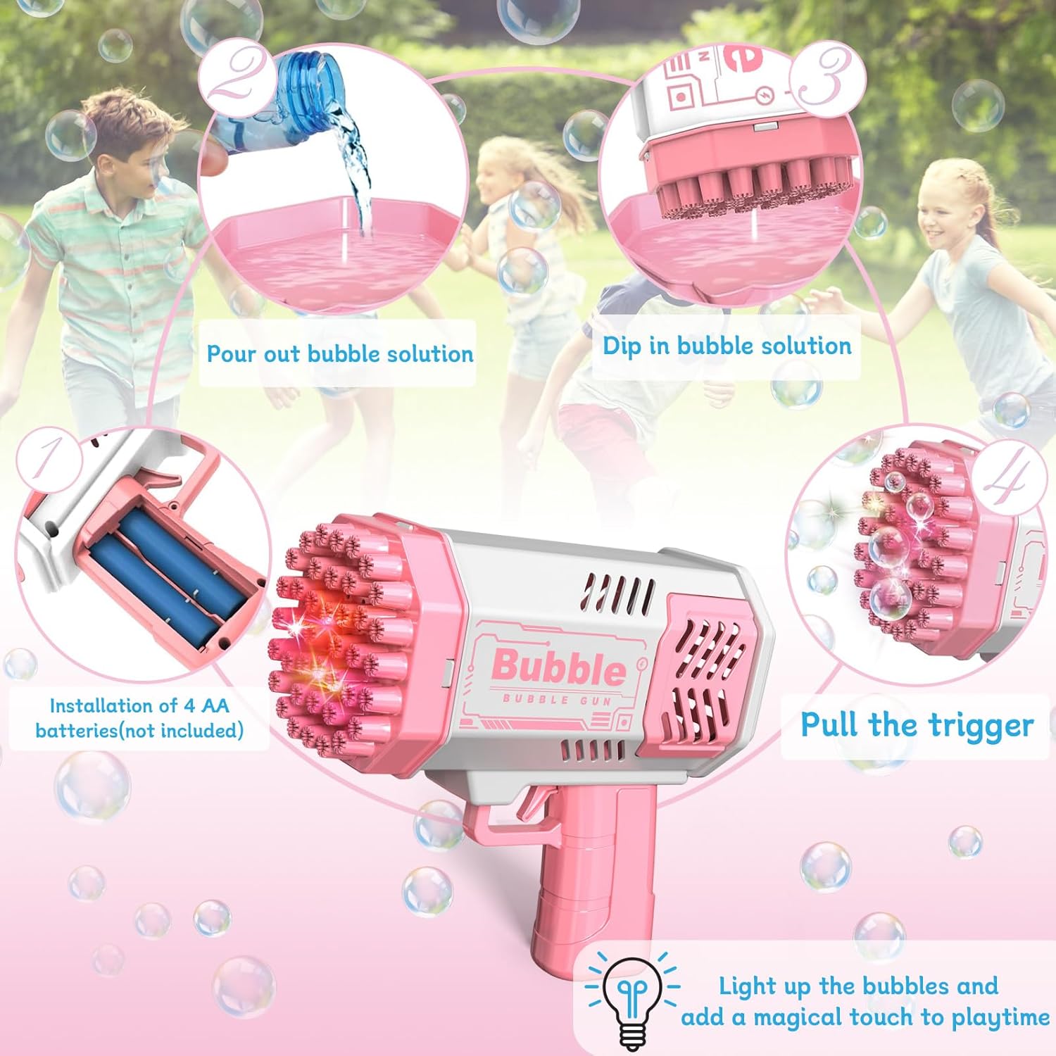 LUSJNGE 2 Bubble Gun with 2 Bottles Refill Solution for Kids, 40-Hole Light Up Bubble Machine for Toddlers 1-3, Pink Bubble Blaster Maker, Party Favors Toys for Boys Girls 4-8 Birthday Gifts